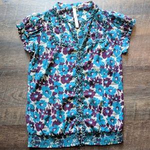Fossil Blue/Purple Floral Ruffle Button Blouse S